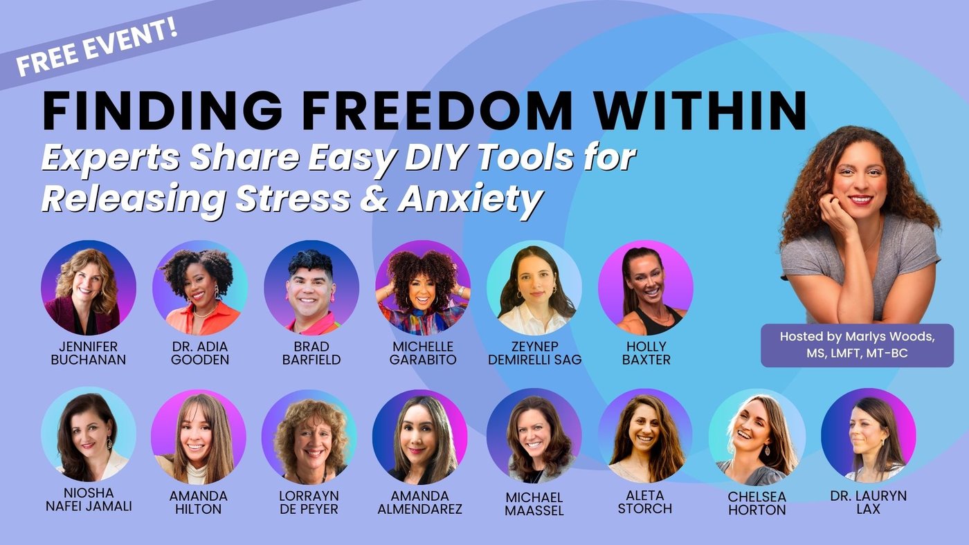 Promo for free event 'Finding Freedom Within' with headshots of speakers, hosted by Marlys Woods