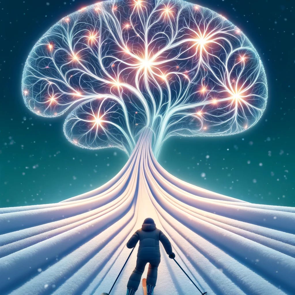 Skier heading up snowy paths toward a glowing brain made of lit neural pathways