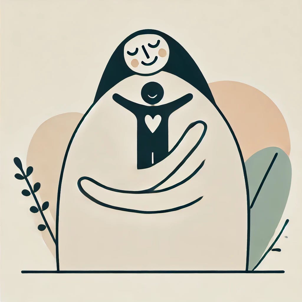 Minimalist line illustration of a hand cradling a small figure with a heart, suggesting self-compassion