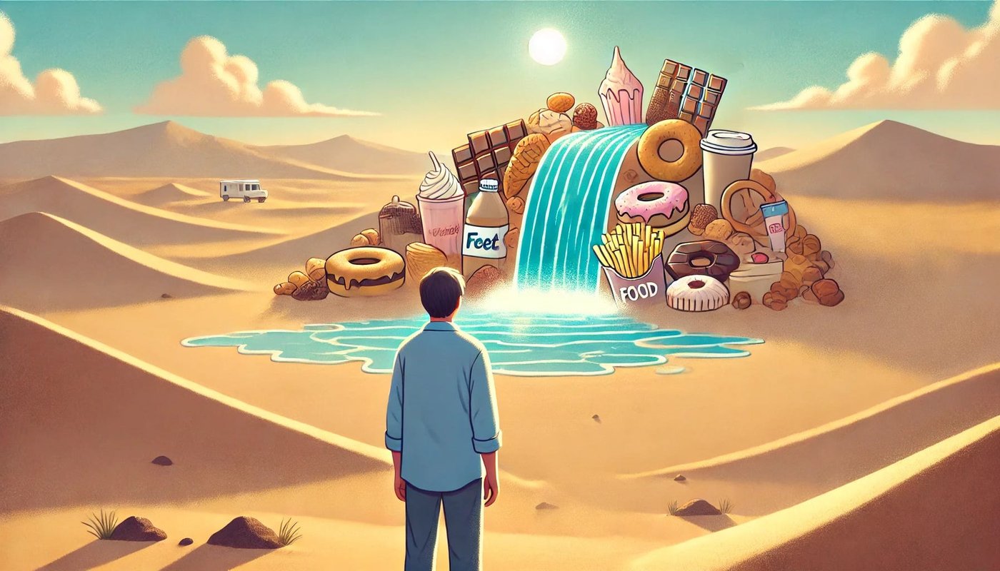 Person in a desert facing a waterfall of food and drink, like a mirage