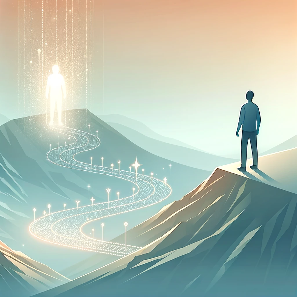 Person standing atop a mountain looking toward a glowing light along a winding path