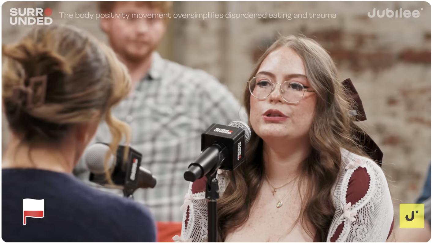 Participant speaking, caption that body positivity oversimplifies disordered eating and trauma