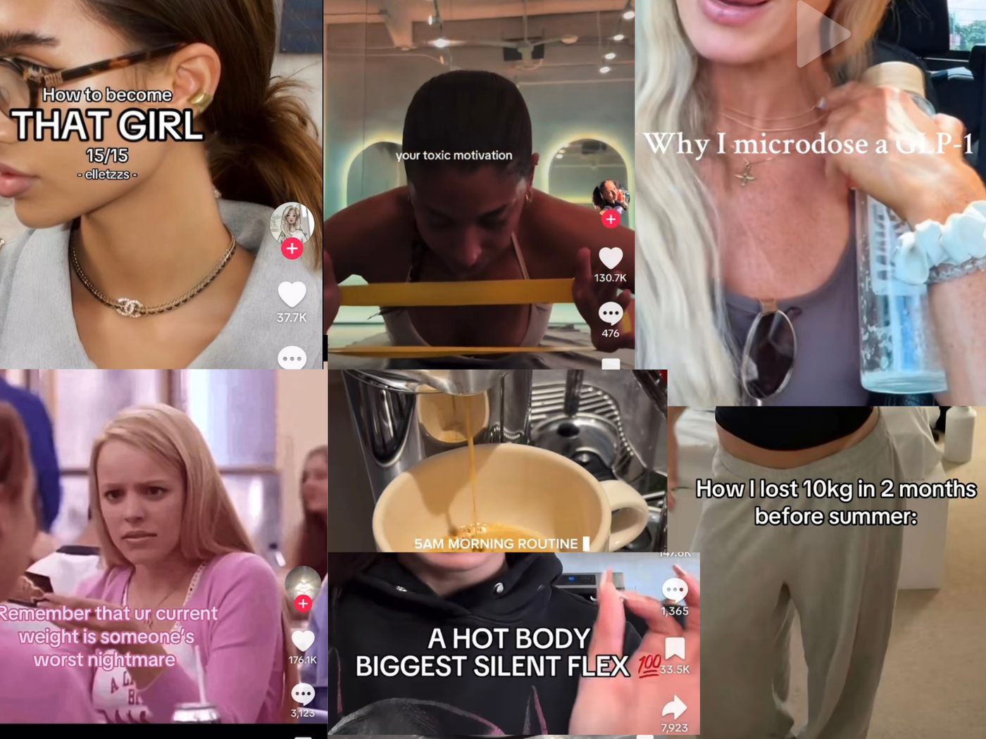 Grid of TikTok clips with diet captions like 'How to become THAT GIRL' and 'How I lost 10kg in 2 months'