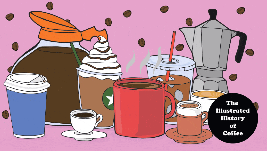Illustration of assorted coffee drinks and pots titled 'The Illustrated History of Coffee'