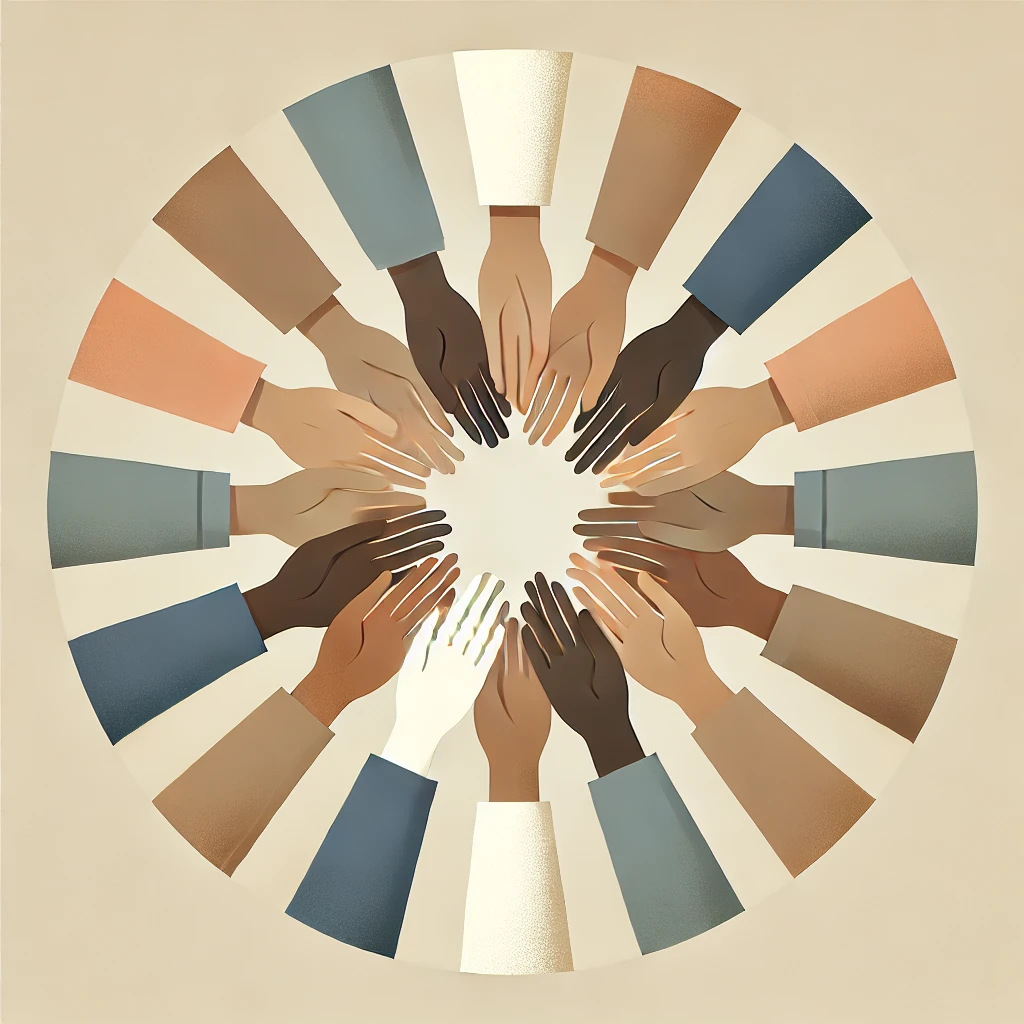 Many diverse hands joined in a circle, representing common humanity and shared support