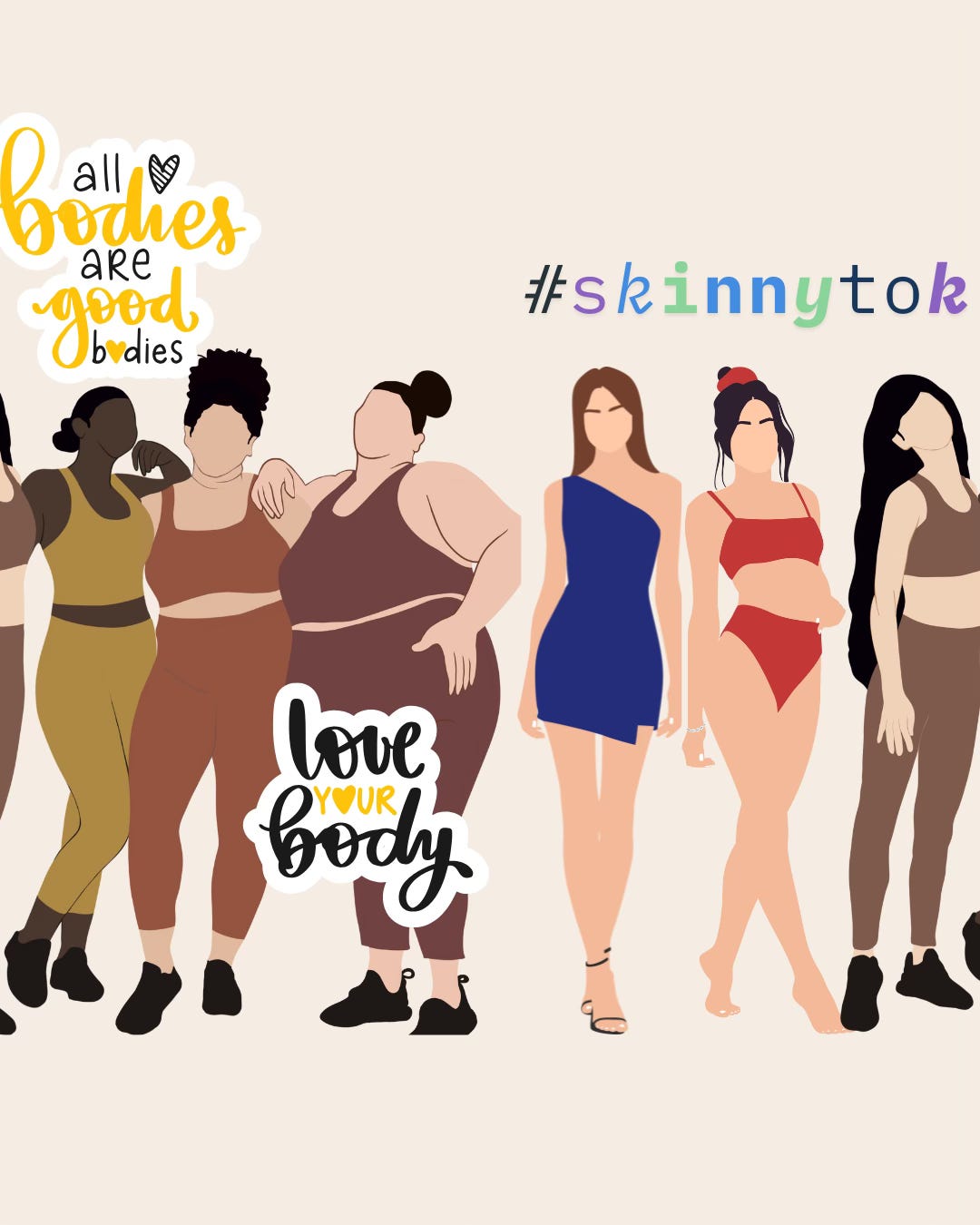 Illustration of diverse body types beside slim figures and #skinnytok, with 'all bodies are good bodies'