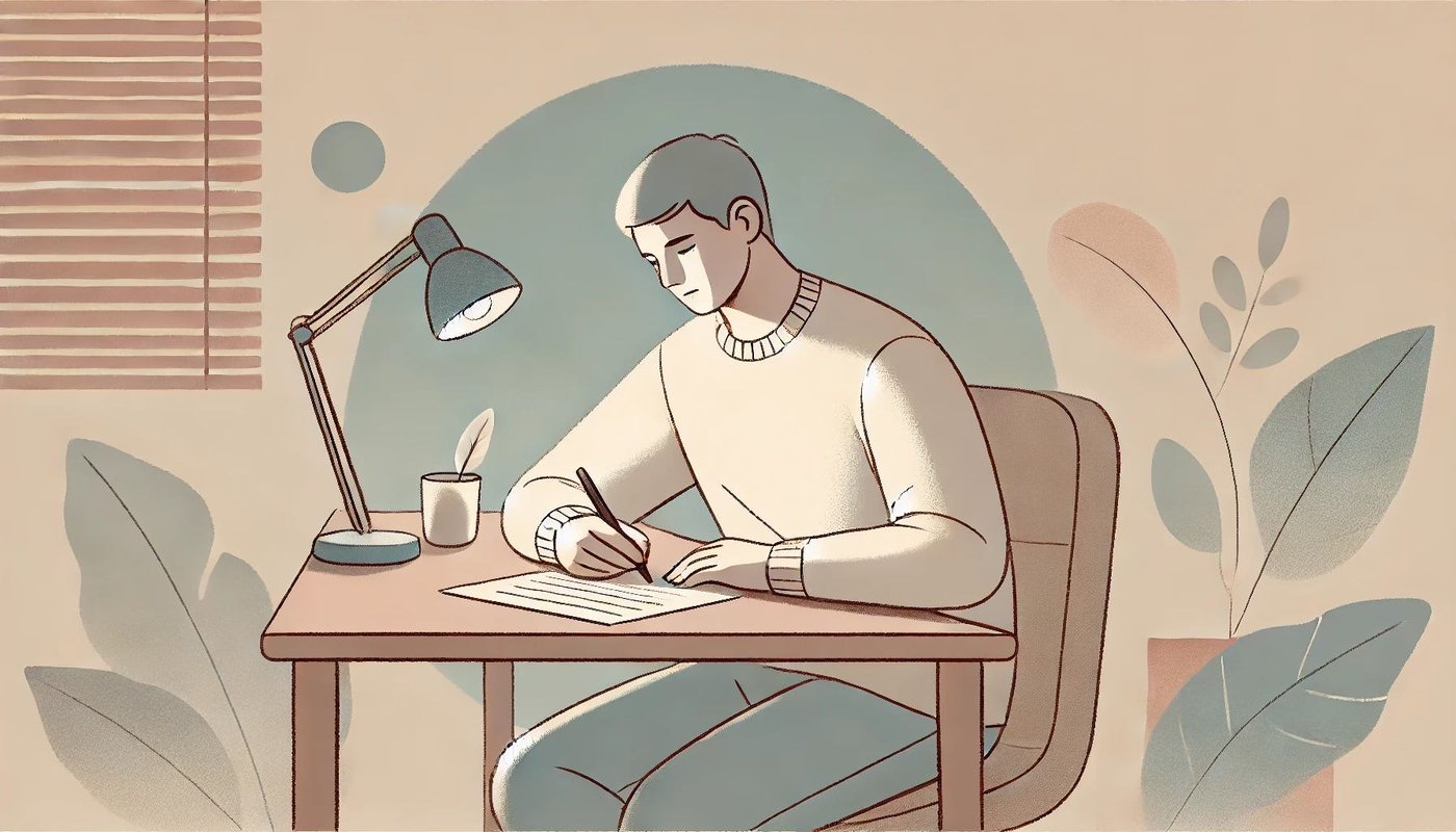 Illustration of a person sitting at a desk writing a letter by lamplight