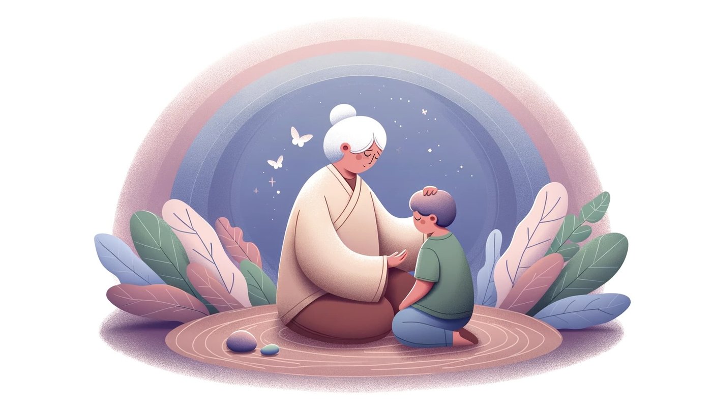 Illustration of an elderly person gently comforting a kneeling child